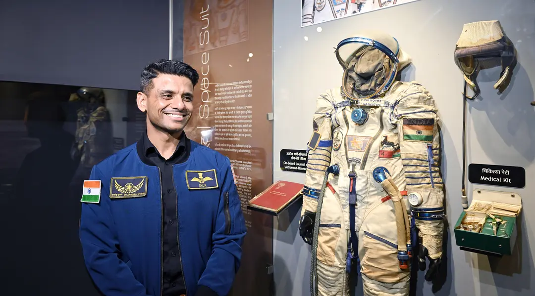 Group Captain Shubhanshu Shukla at the Nehru Planetarium space suit exhibit